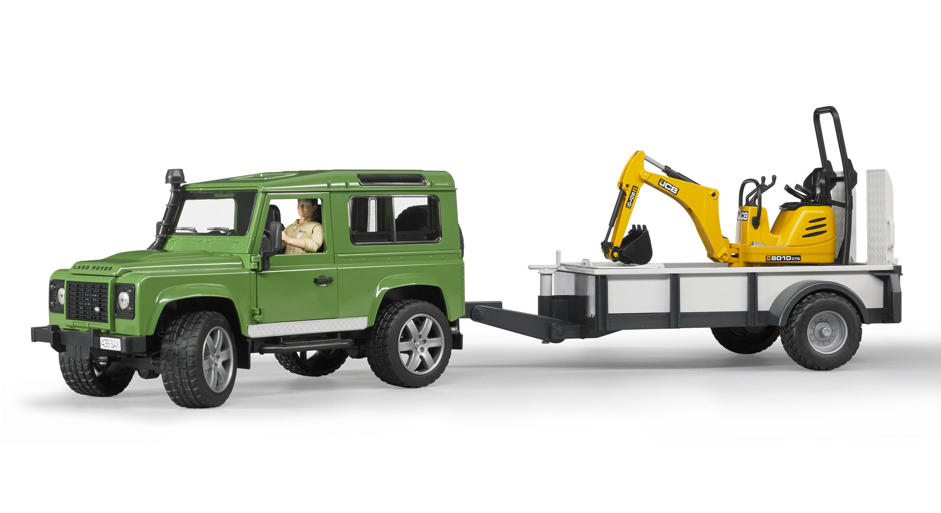 Bruder 2593 Land Rover + přepravník a mikrobagr JBC
