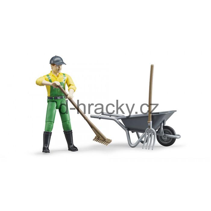 Bruder 62610 Figurka Zemědělec s kolečkem a nářadím