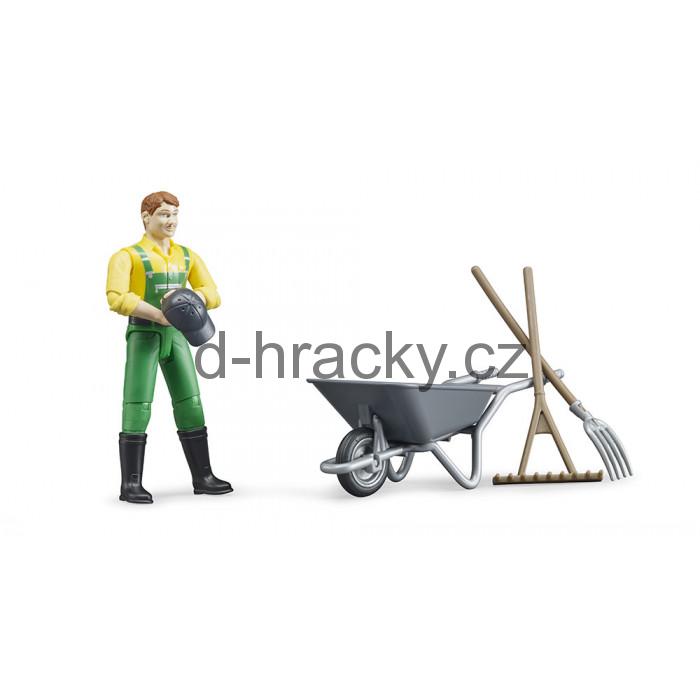 Bruder 62610 Figurka Zemědělec s kolečkem a nářadím