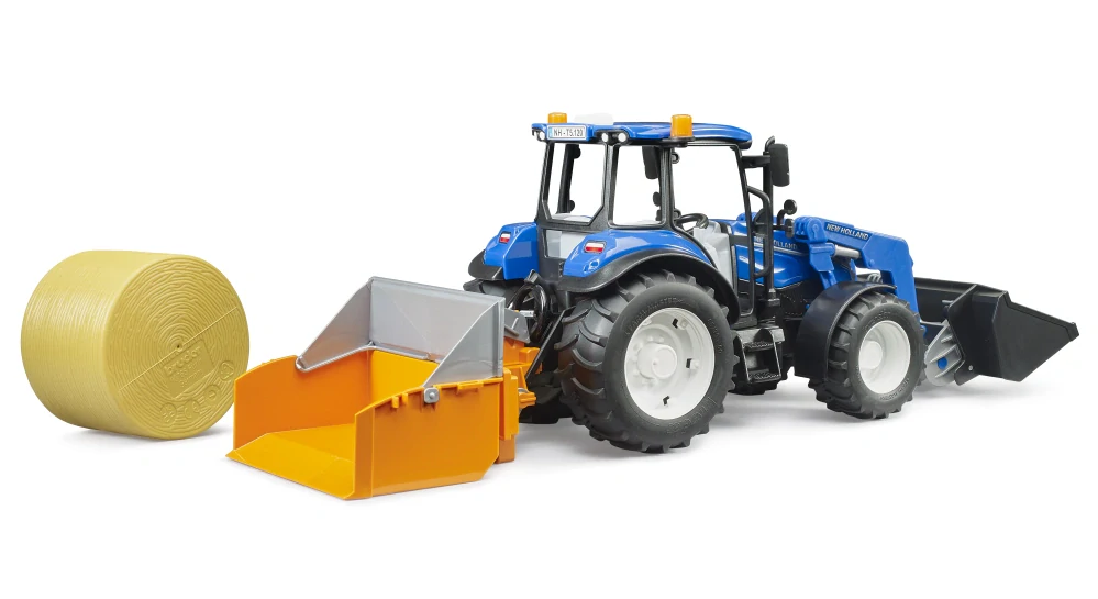 Bruder 2187 New Holland T5.120 s čelním nakladačem, sklápěcím boxem a vidlemi